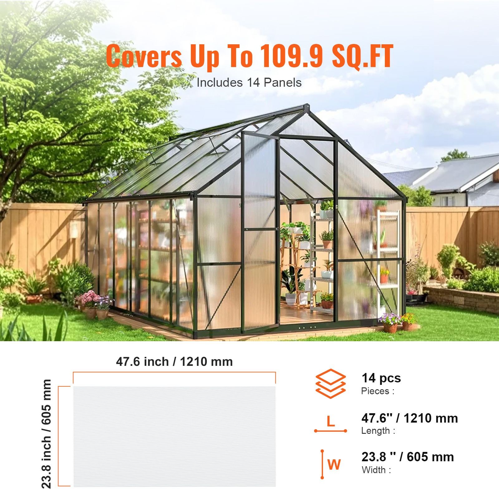 14PC Polycarbonate Greenhouse Panels 0.16in Clear, UV Protected