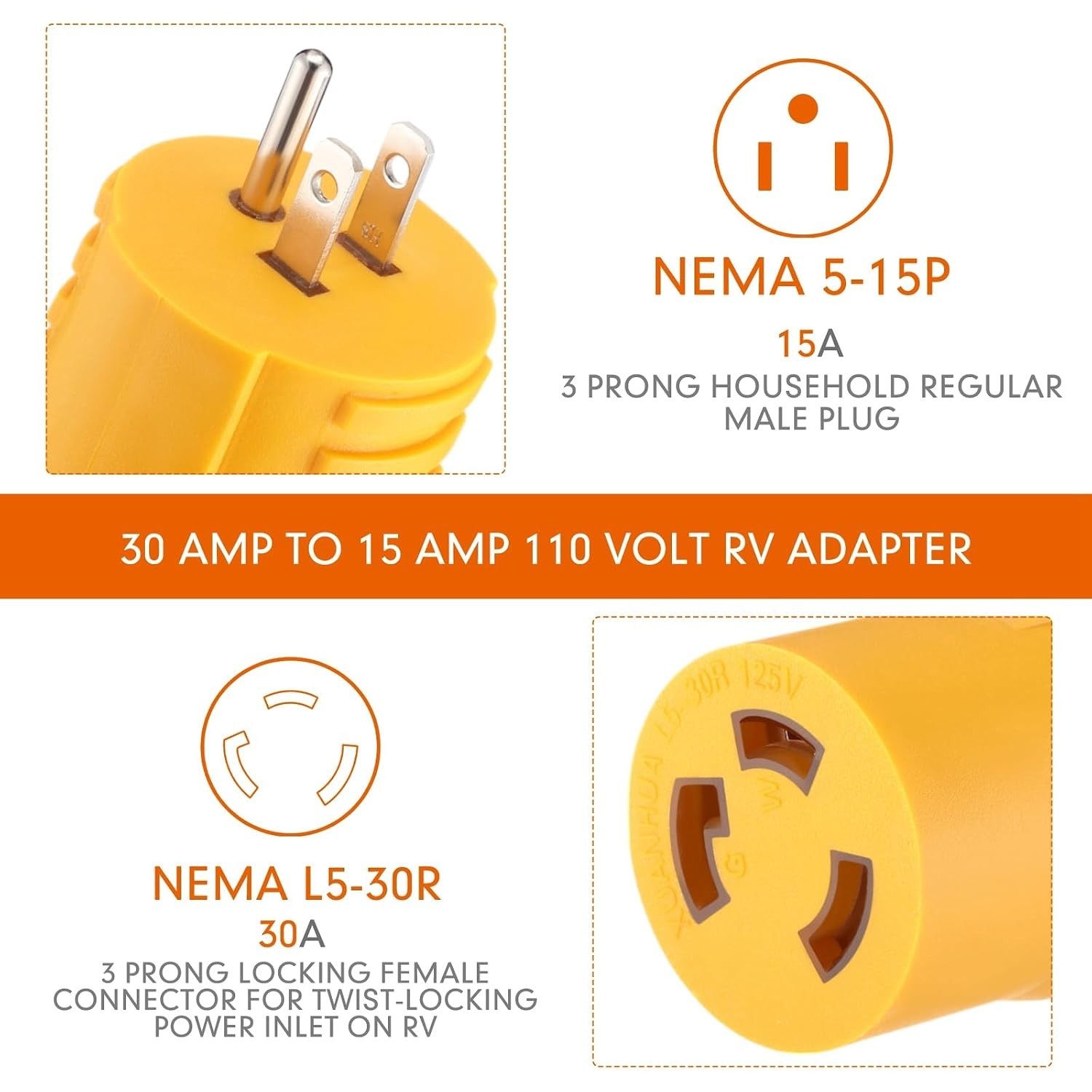 Versatile 3-Prong RV Power Adapter – 15A to 30A Locking Connector for Safety