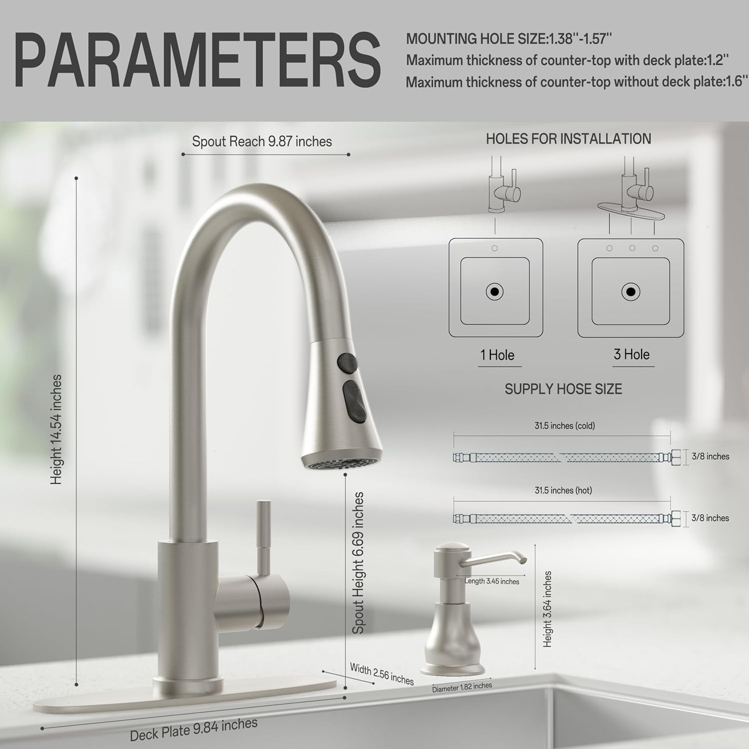 Kitchen faucet with soap dispenser, three-setting adjustable