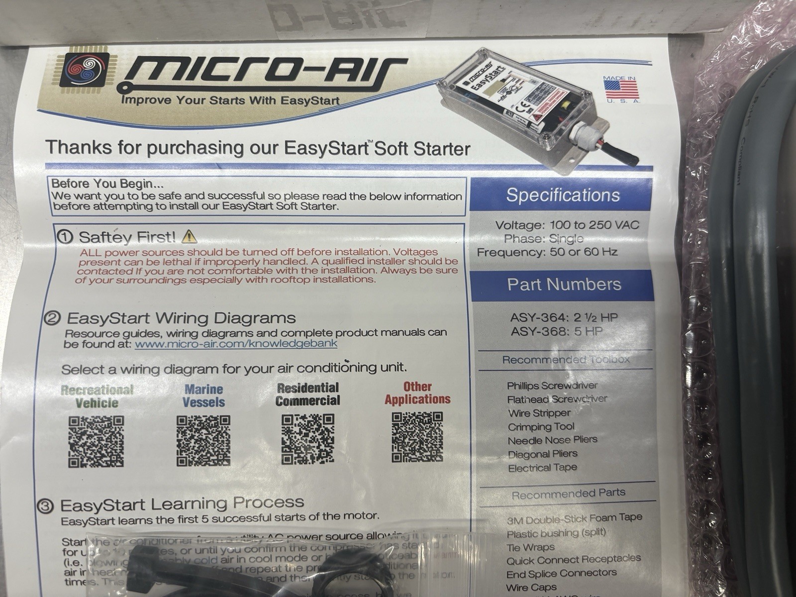 NEW Micro-Air EasyStart (Soft Start) for RV Air Conditioners ASY-364-X20-IP