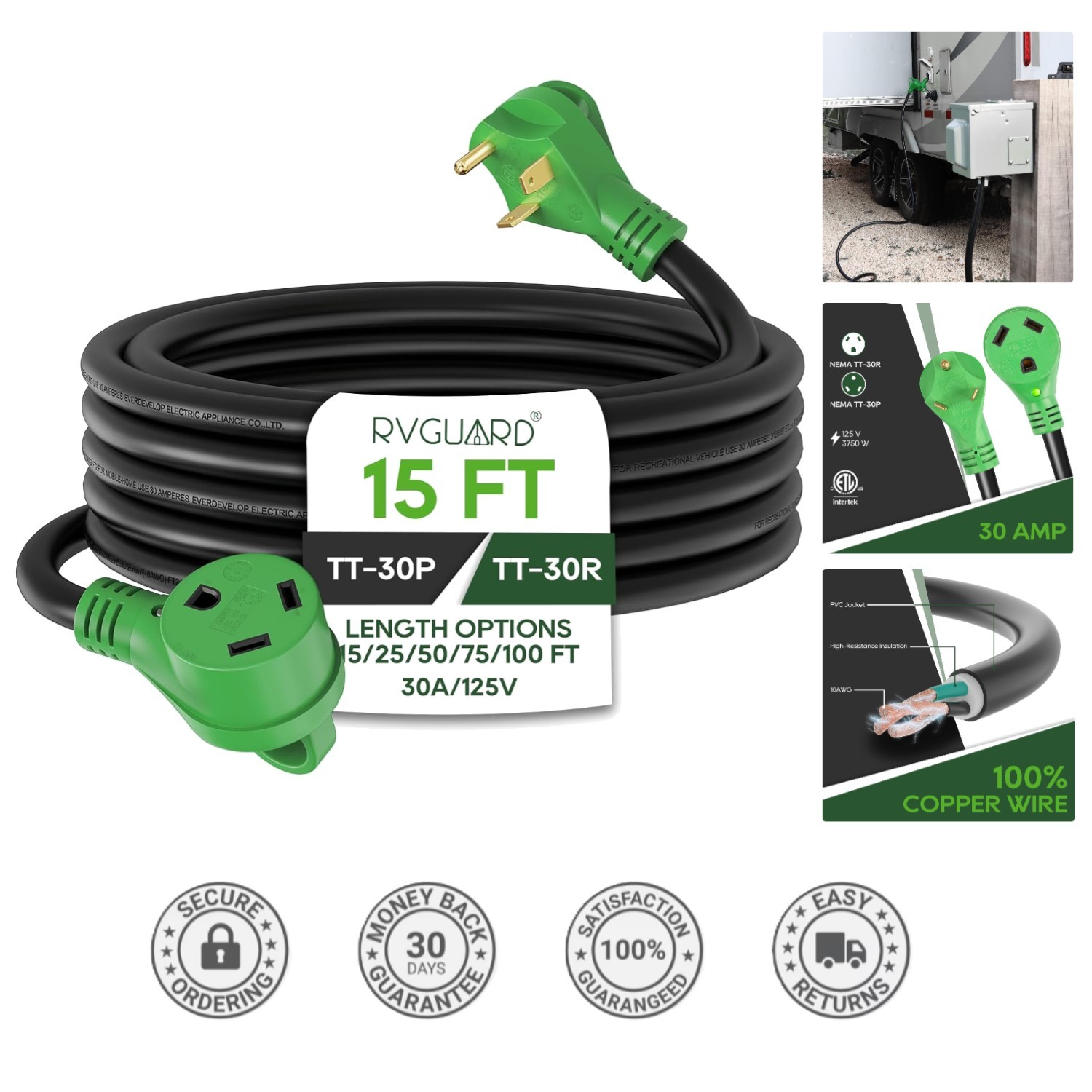 Heavy Duty 30 Amp RV Extension Power Cord – Durable 15 Feet with Power Indicator