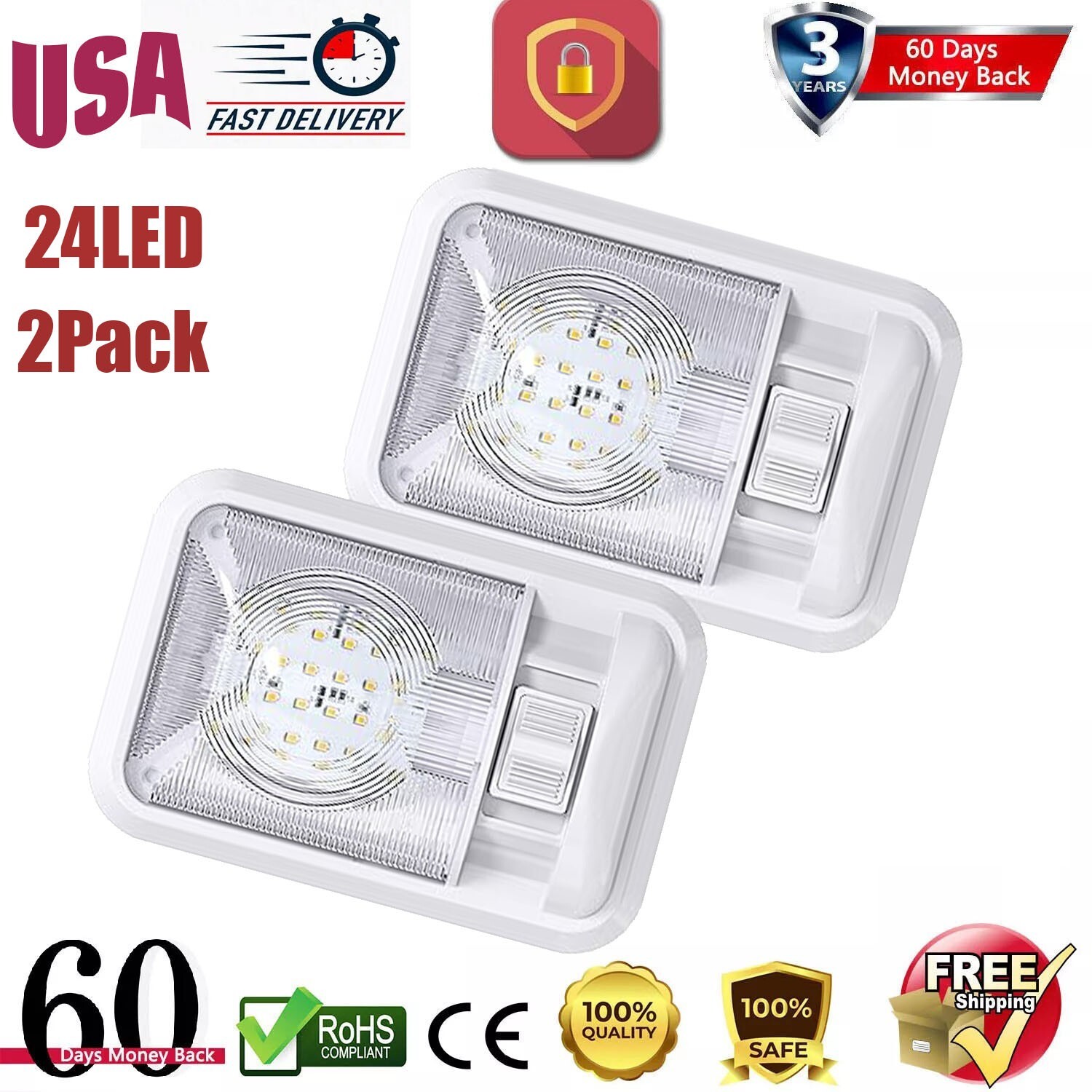2 Pack 12V 24 Led RV Ceiling Dome Light RV Interior Lighting For Trailer Camper