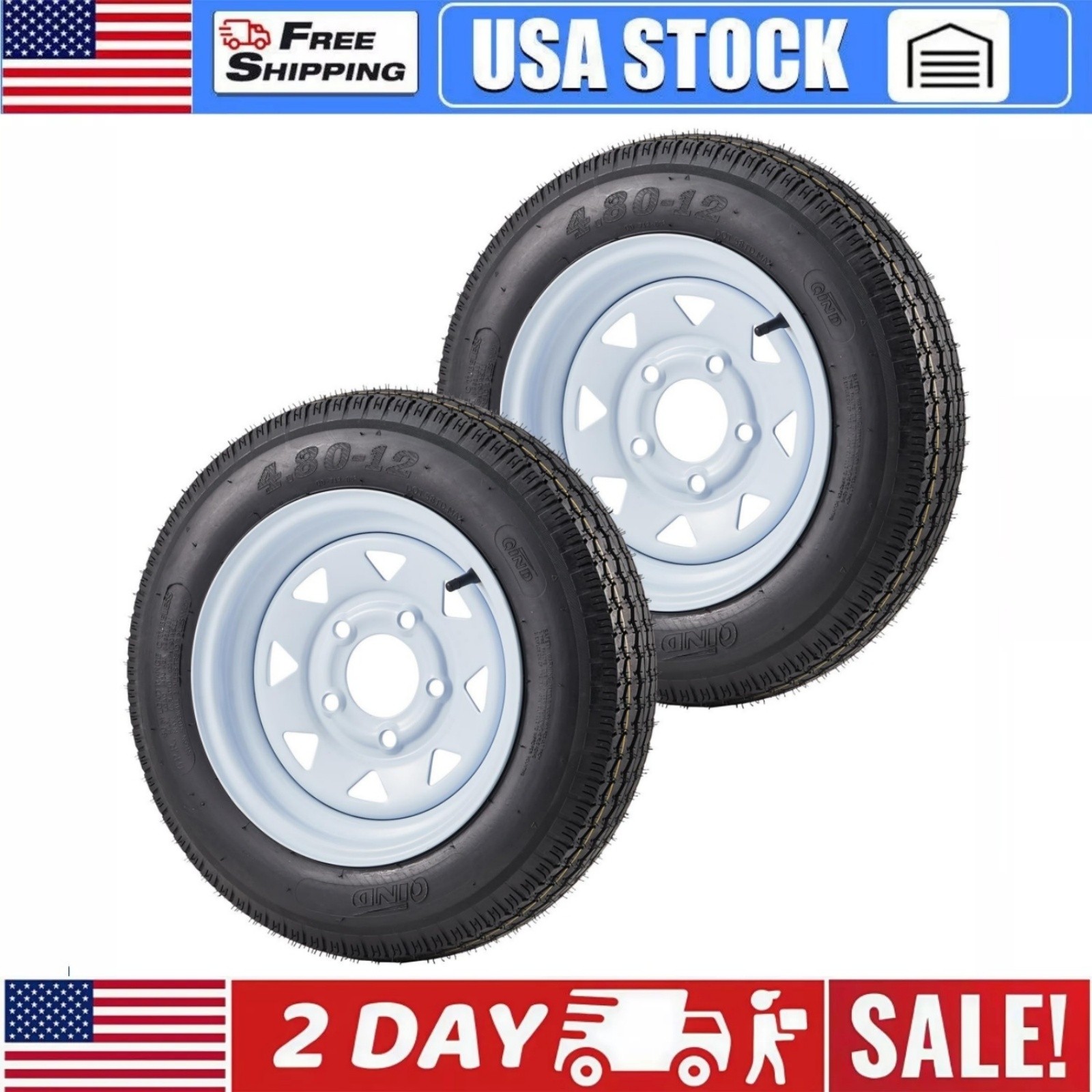 2-Pack 4.80×12 Trailer Tires & Wheels 5-Lug on 4.5″ Bolt Pattern 12″ Rim 4.80-12