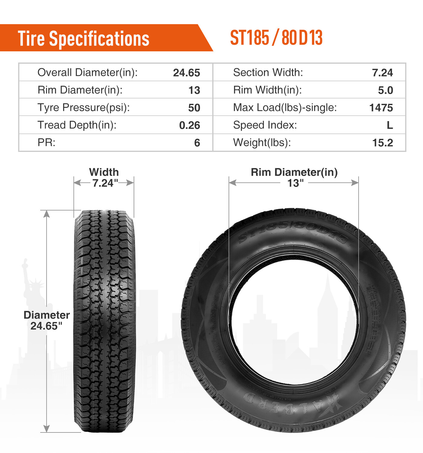 Set 2 185 80 13 Trailer Tires 6Ply Heavy Duty ST185/80D13 185/80/13 Replace Tire