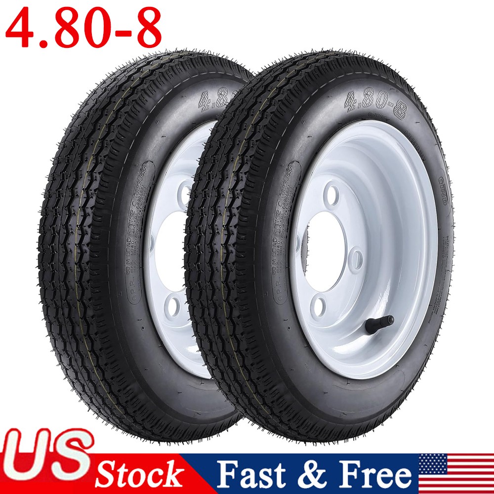 2PCS 4.80-8 4.80×8 Trailer Tires with 8″ White Rims 6PR Load Range C 4 Lug Tires