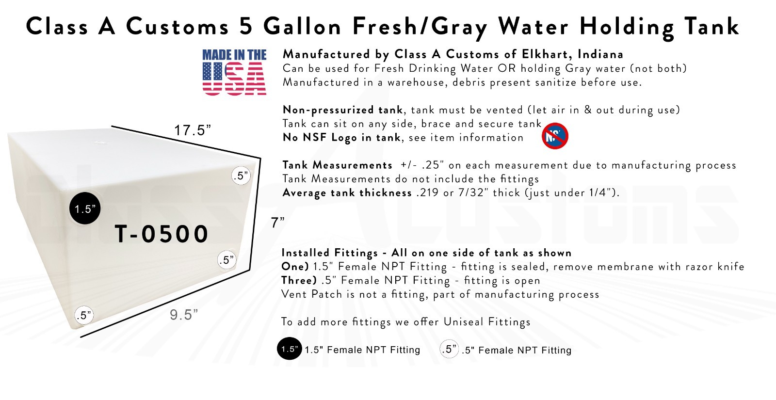 5 Gallon Fresh / Gray Water Holding Tank storage food shower wash dish T-0500