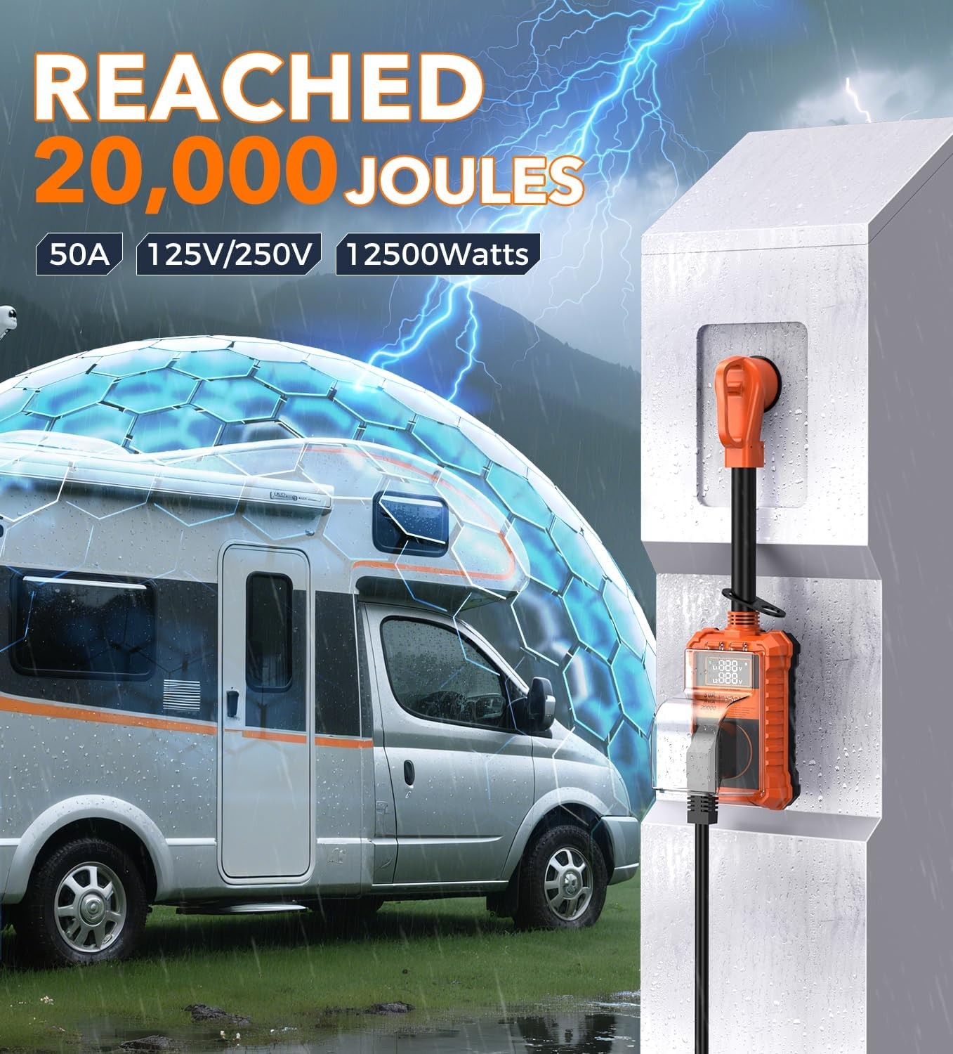 RV Surge Protector 50 Amp – 20000J Adapter Plug with Waterproof Cover