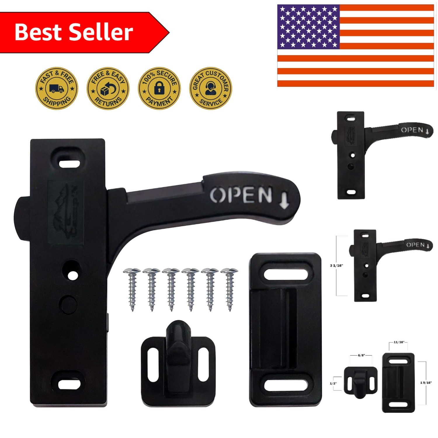 L-Shaped RV Screen Door Latch – Right Hand, Durable Plastic & Stainless Steel