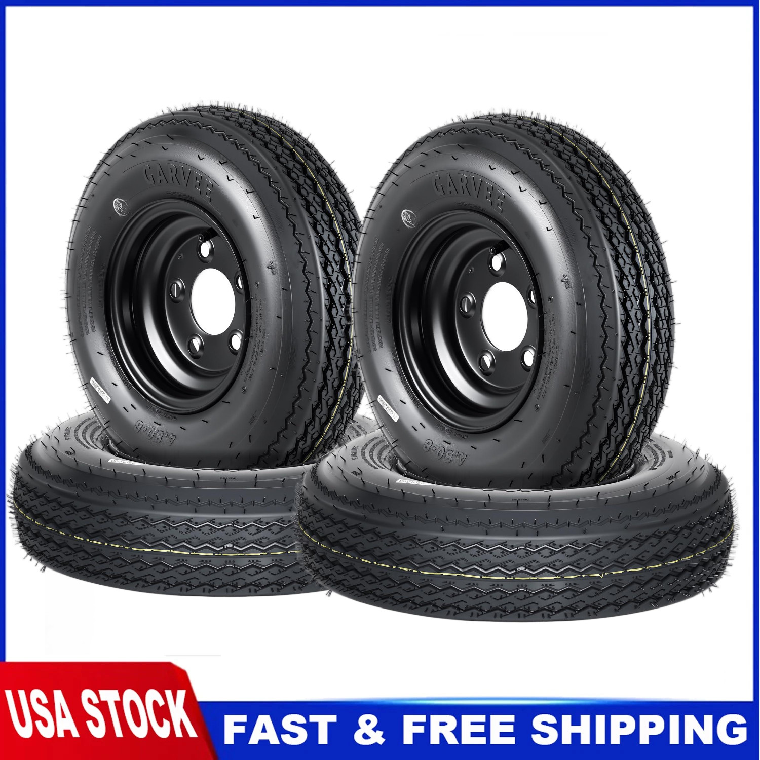 4 PCS 4.80-8 480-8 4.80×8 Trailer Tires on 8″ Rims 5 Lug Black Wheels 6 PR Tire