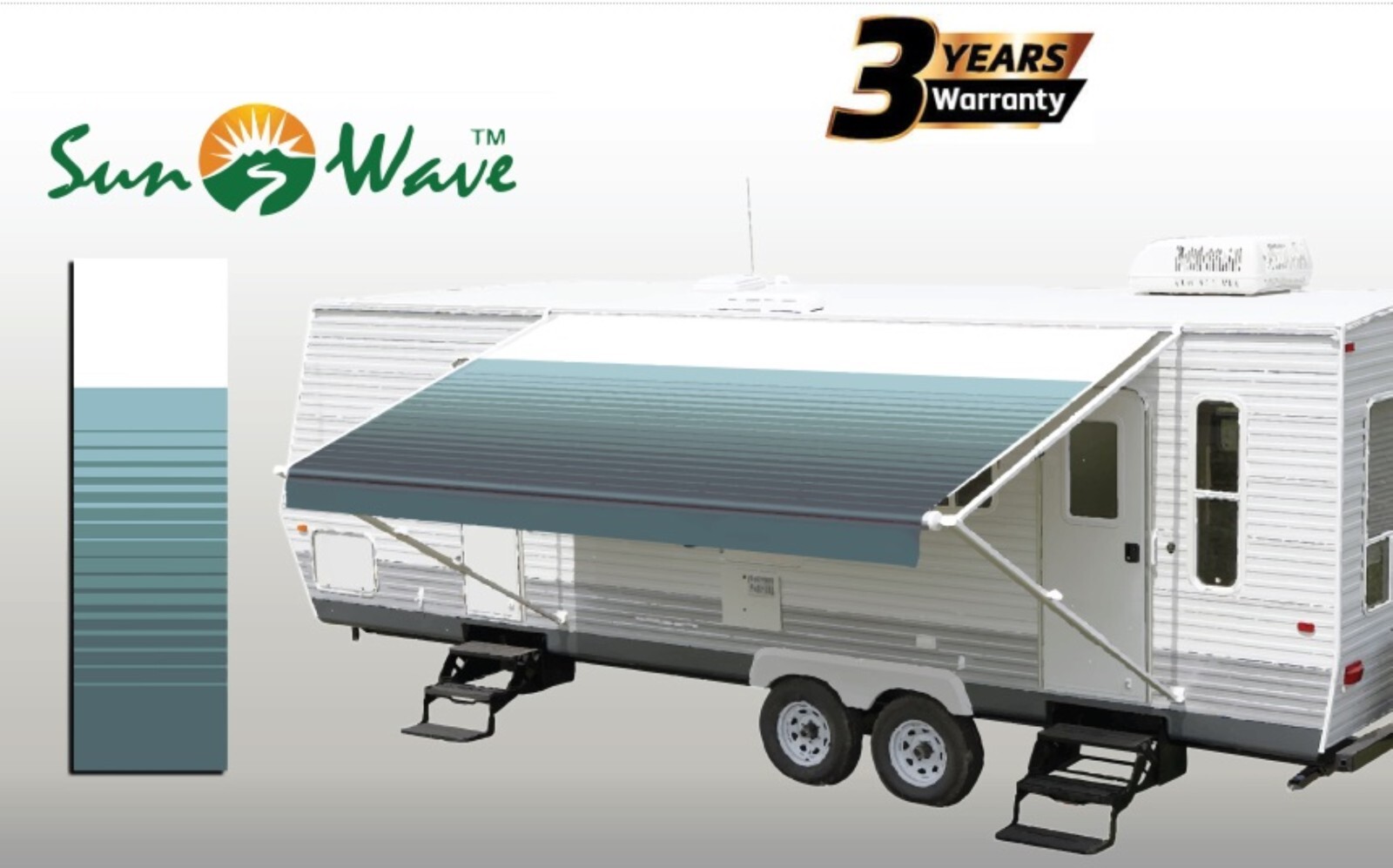 SunWave RV Awning Replacement Fabric 16′ (Actual Width 15’2″) Teal Green Stripe