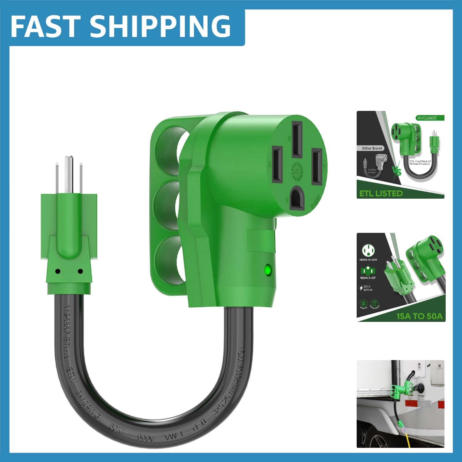 50 Amp to 110 Volt Listed RV Adapter Cord with LED Indicator – 12 Inches