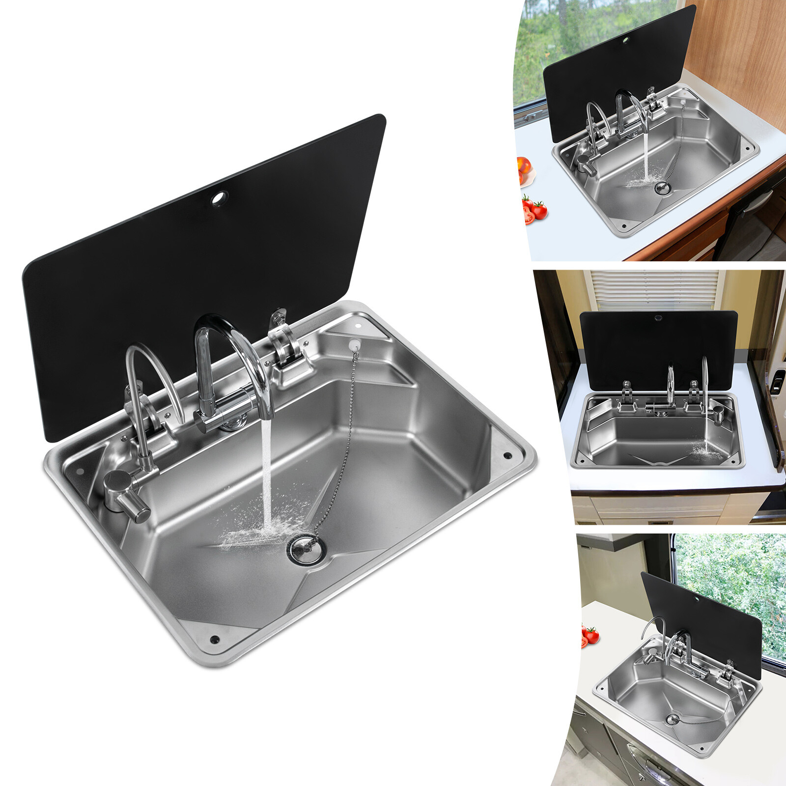 RV Sink Kitchen Sink with Hot&Cold Faucet and Tempered Glass Lid Stainless Steel