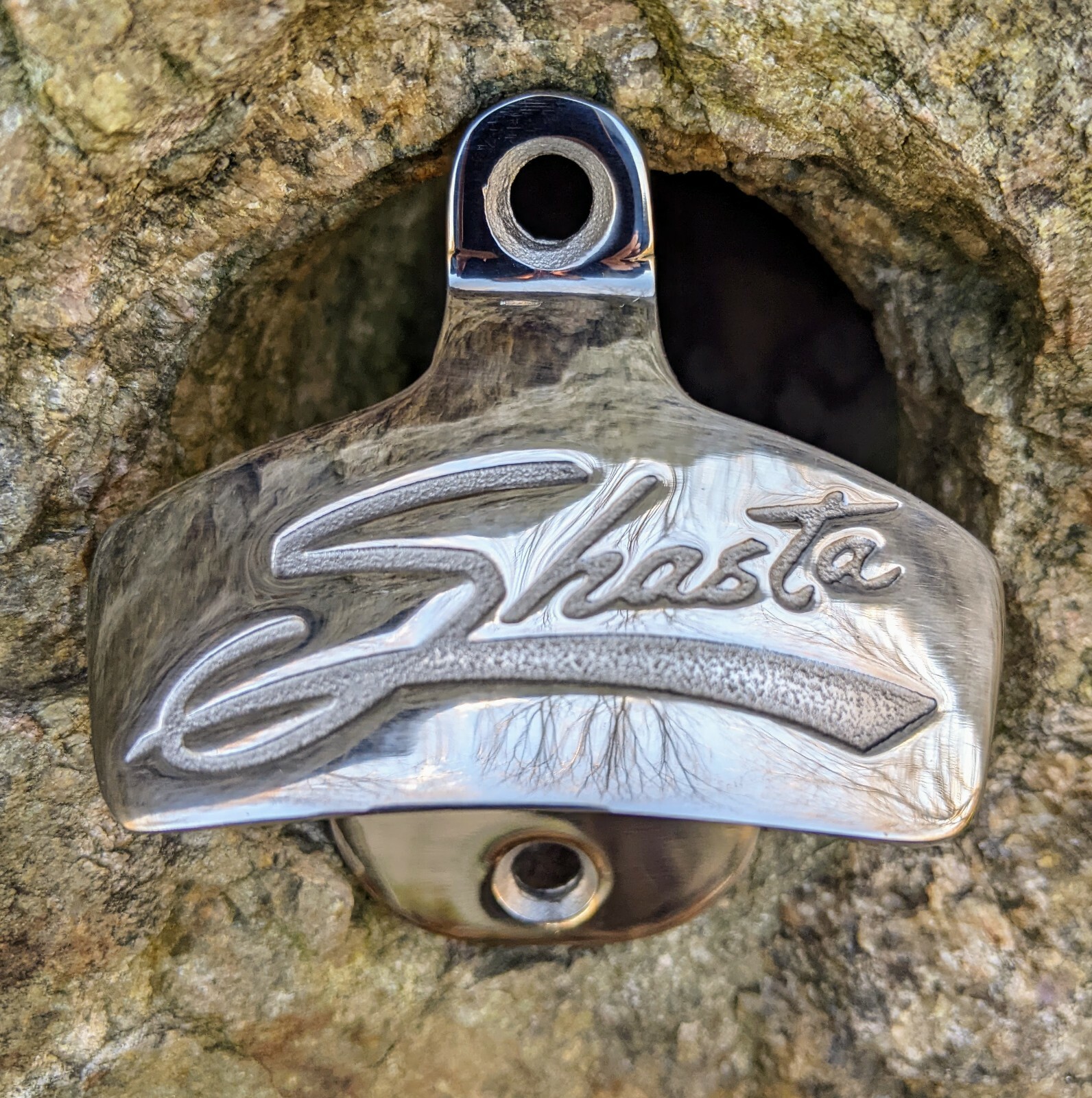 Polished Stainless Wall-Mounted Bottle Opener, Shasta Design