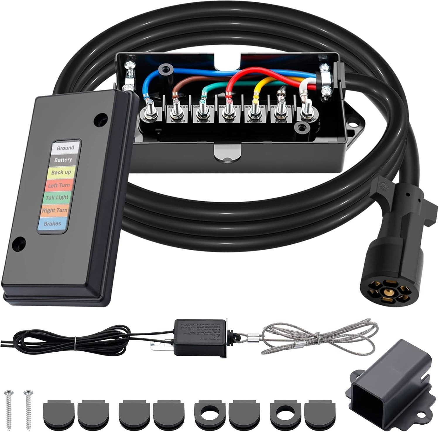 8 FT 7 Way Trailer Cord RV & 7 Gang Junction Box Kit with 12V Breakaway Switch