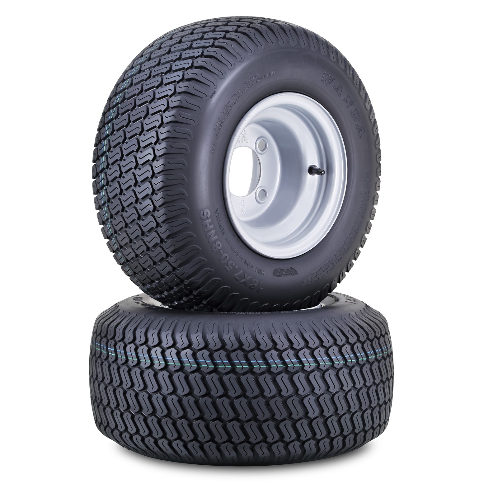 2 WANDA Lawn Mower Tire 18X7.5-8 4-Ply with 4 Lugs on 4″ PCD Silver Wheel-13027