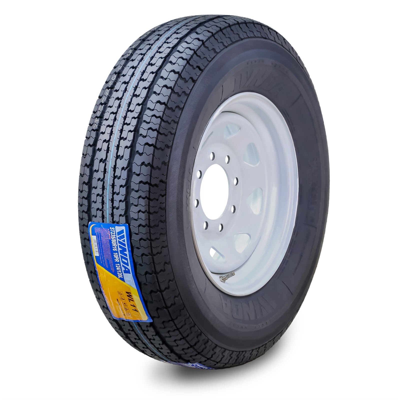 FC Trailer Tire Assembly ST235/80R16 10-Ply White Spoke Rim 8 Lug on 6.5″