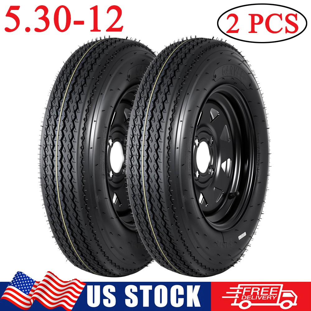 2PCS 5.30-12 5.3×12 530-12 Trailer Tires & Rims 4 Lug on 4″ 6PR LRC Black Wheels