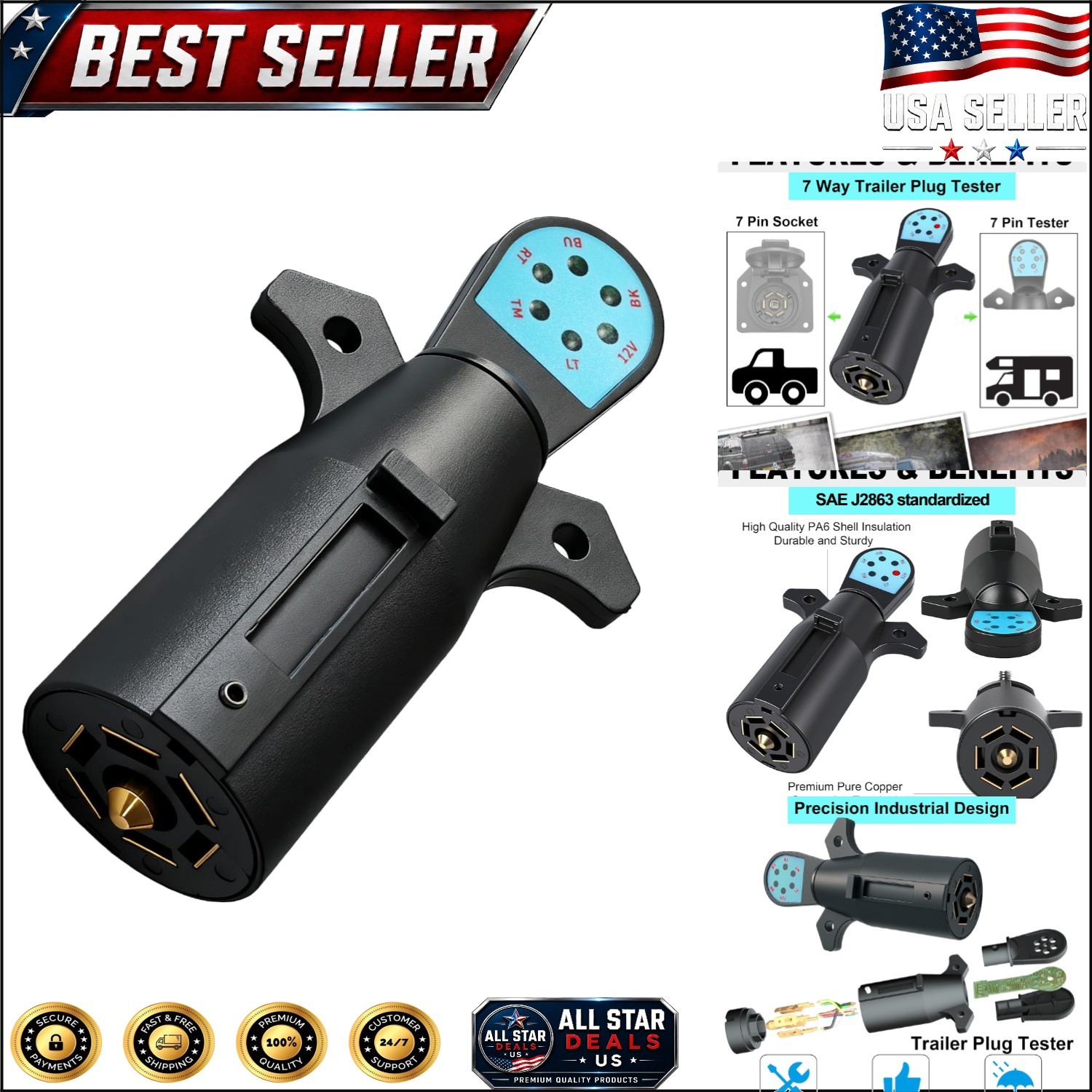 7 Pin Trailer Light Tester – LED Plug & Play Circuit Tester for RVs & Trucks