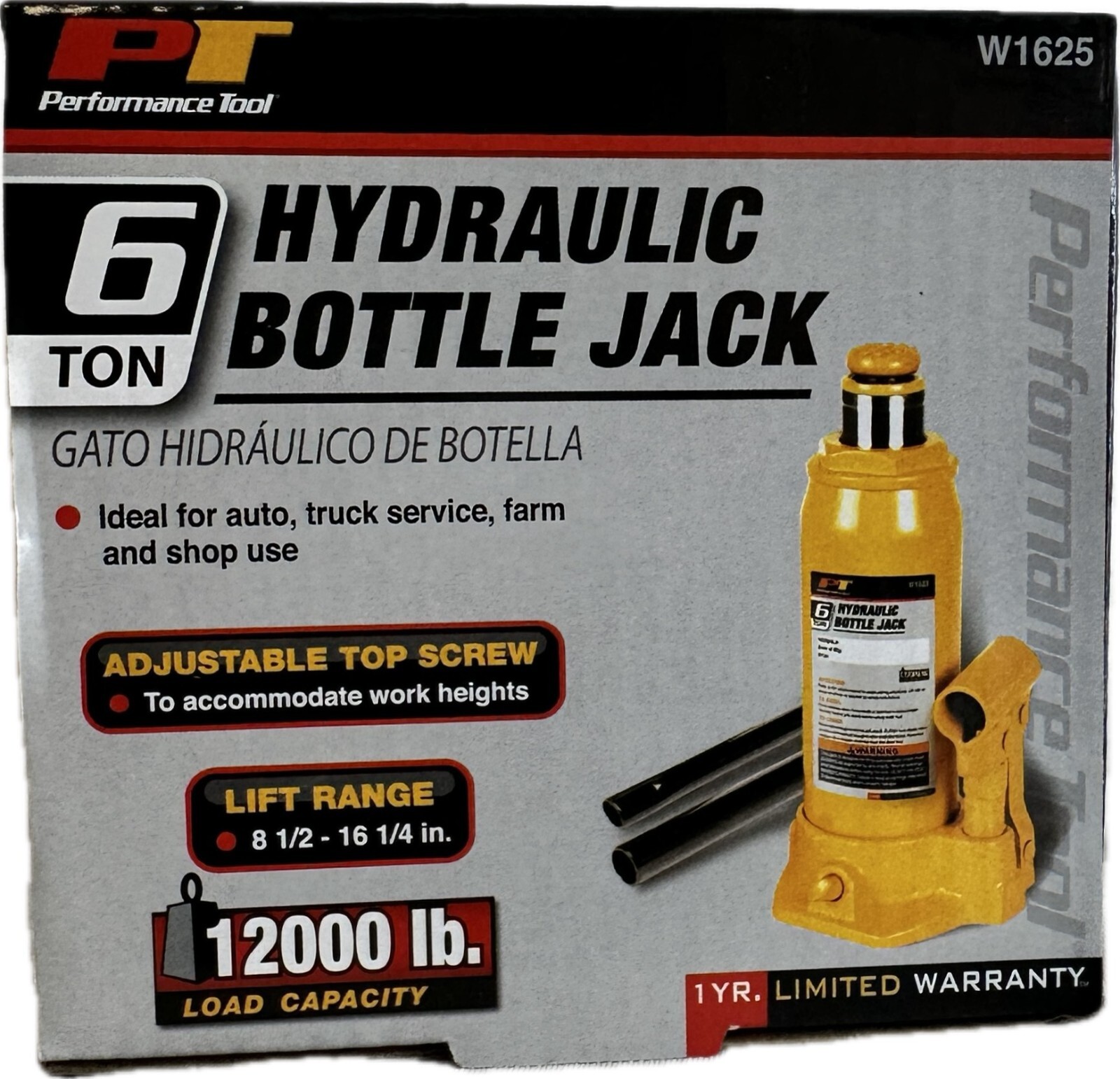 Performance Tool Hydraulic Bottle Jack W1625 6 Ton (New in Box/Unused)