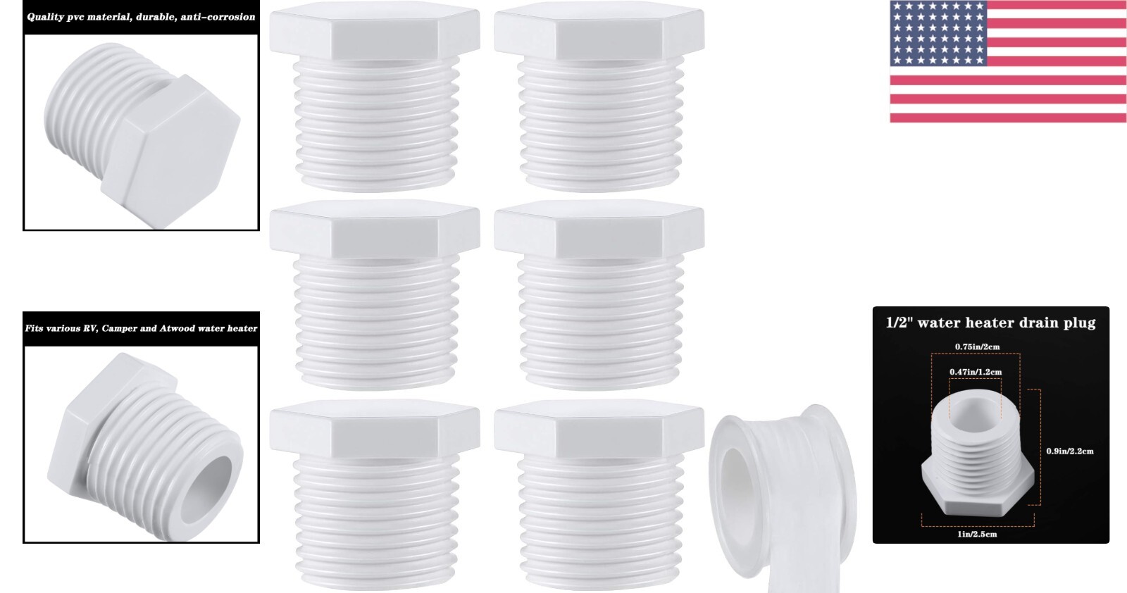 6-Pack RV Drain Plug Set with Leak-Proof Tape, Fits 1/2 Inch NPT Water Heaters
