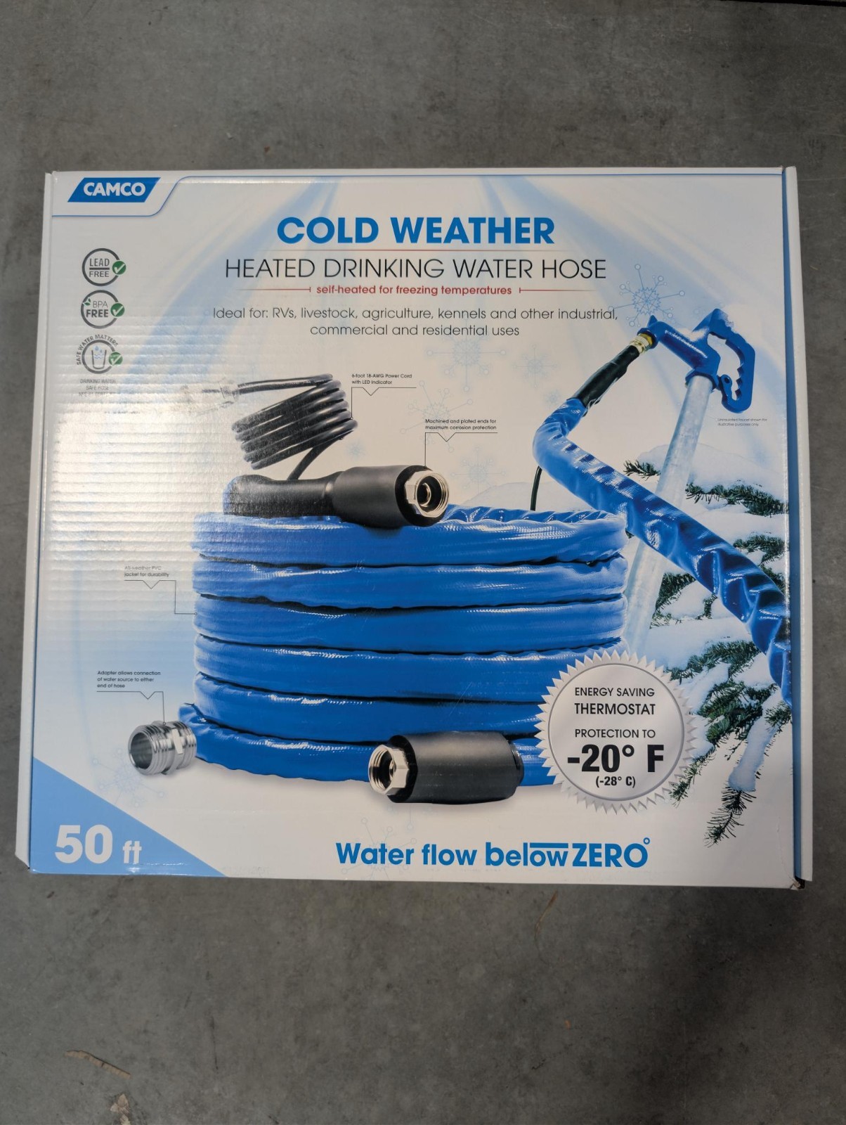 Camco 50′ Heated Water Hose for RV — Prevents Freezing Down to -20° — 22912