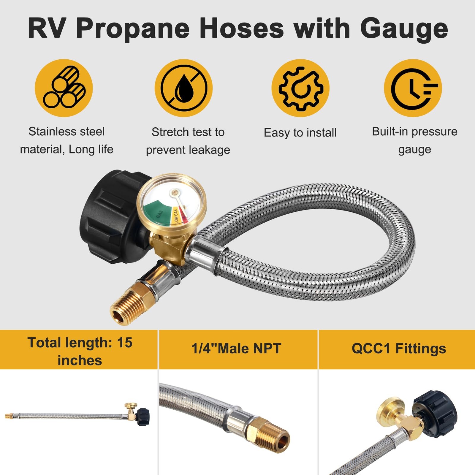 15 Inch (packs of 2) RV Propane Hoses with Gauge, QCC1 & NPT, 40Lb 15