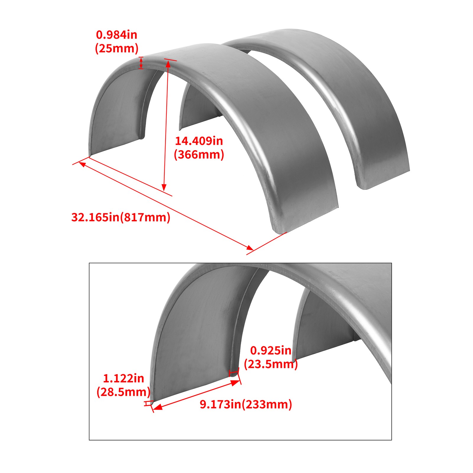 Pair of Steel Round Single Axle Trailer Fenders & Fender Backs For 14″-16″ Wheel