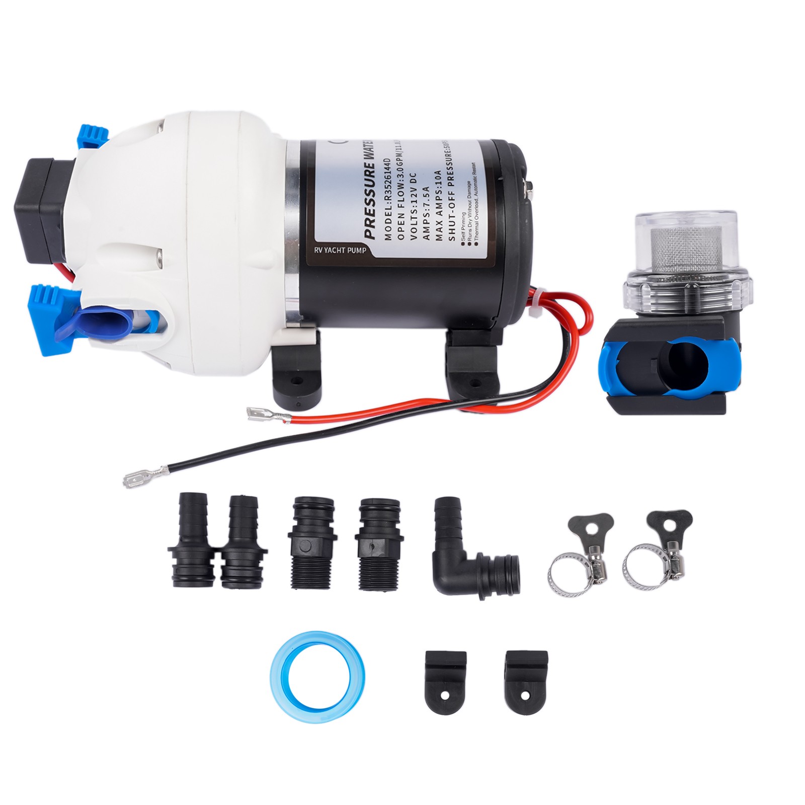 12V RV Diaphragm Water Pump 3 GPM 50 PSI R3526144D w/ Pressure Switch & Strainer