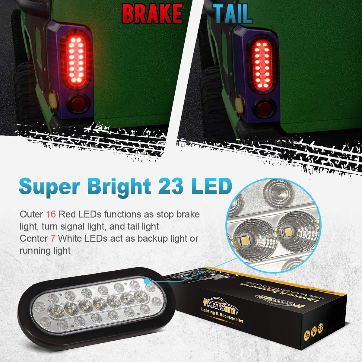 Partsam 2Pcs 6.3 inch Oval Led Stop Turn Tail Lights with Reverse Lights Red …