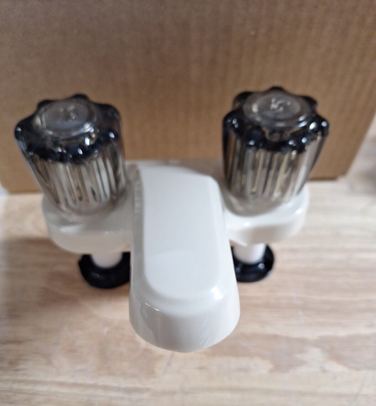 RV Bathroom Lavatory Sink Faucet – 4″ on Center – Off White Smoke Handles Camper