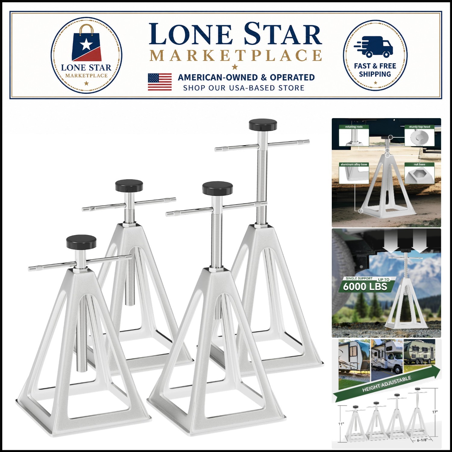 Durable Adjustable RV Stack Jacks: 4-Pack Supports 6000 Lbs from 11″-17″ Height