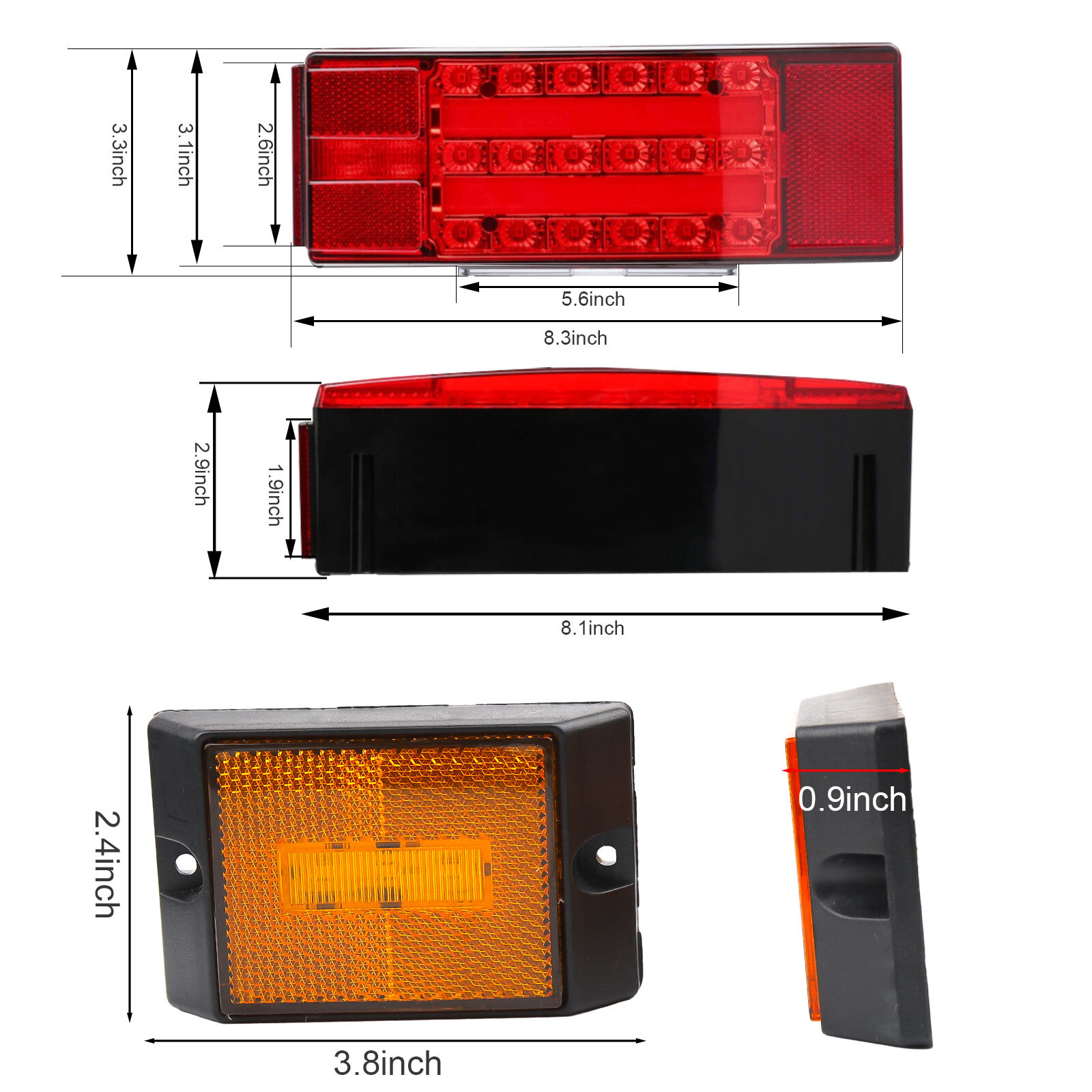 Rectangle Left Right LED Submersible Trailer Boat Stud Stop Turn Tail Lights Kit