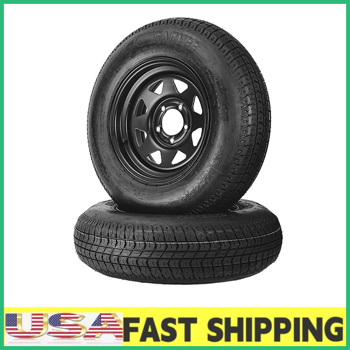 🔝Trailer Tire On Rim ST205/75D14 Trailer Tires Black Wheels 5 Lug on 4.5″ SET 2