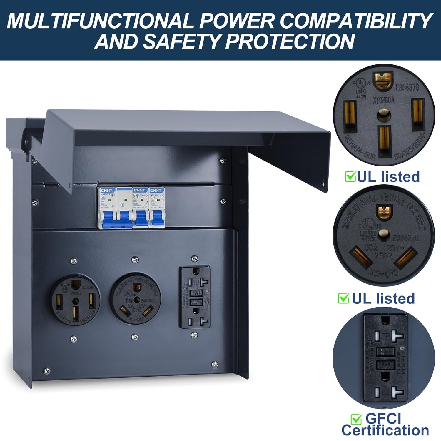 20/30/50 Amp Weatherproof RV Electrical Outlet Panel with Breaker