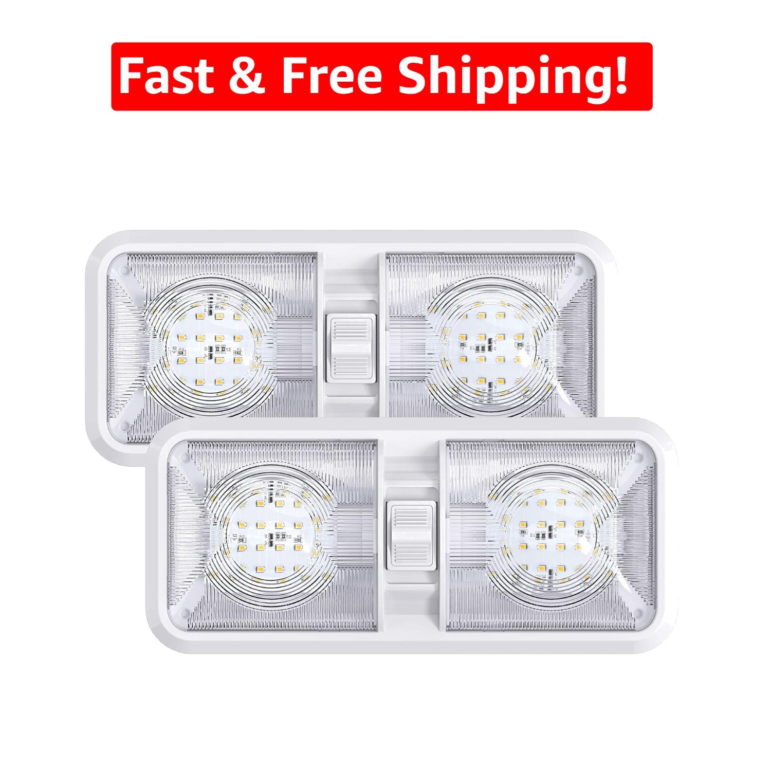 2 Pack RV LED Double Dome Light – On/Off Natural White Fixture, 550 Lumens