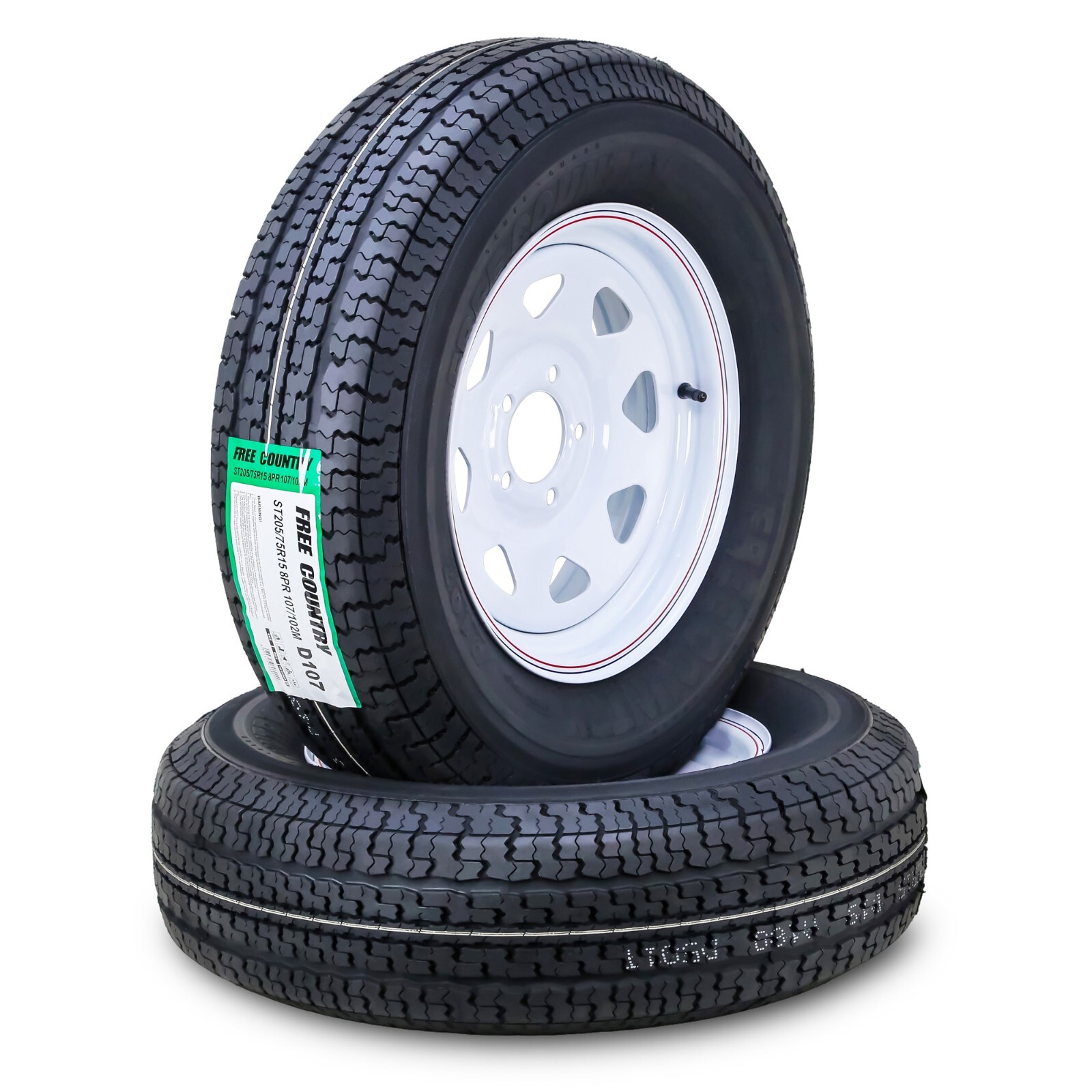 2 Free Country Trailer Tire Rim ST205/75R15 8-Ply D 107M 5 Lug X 5″ White Spoke