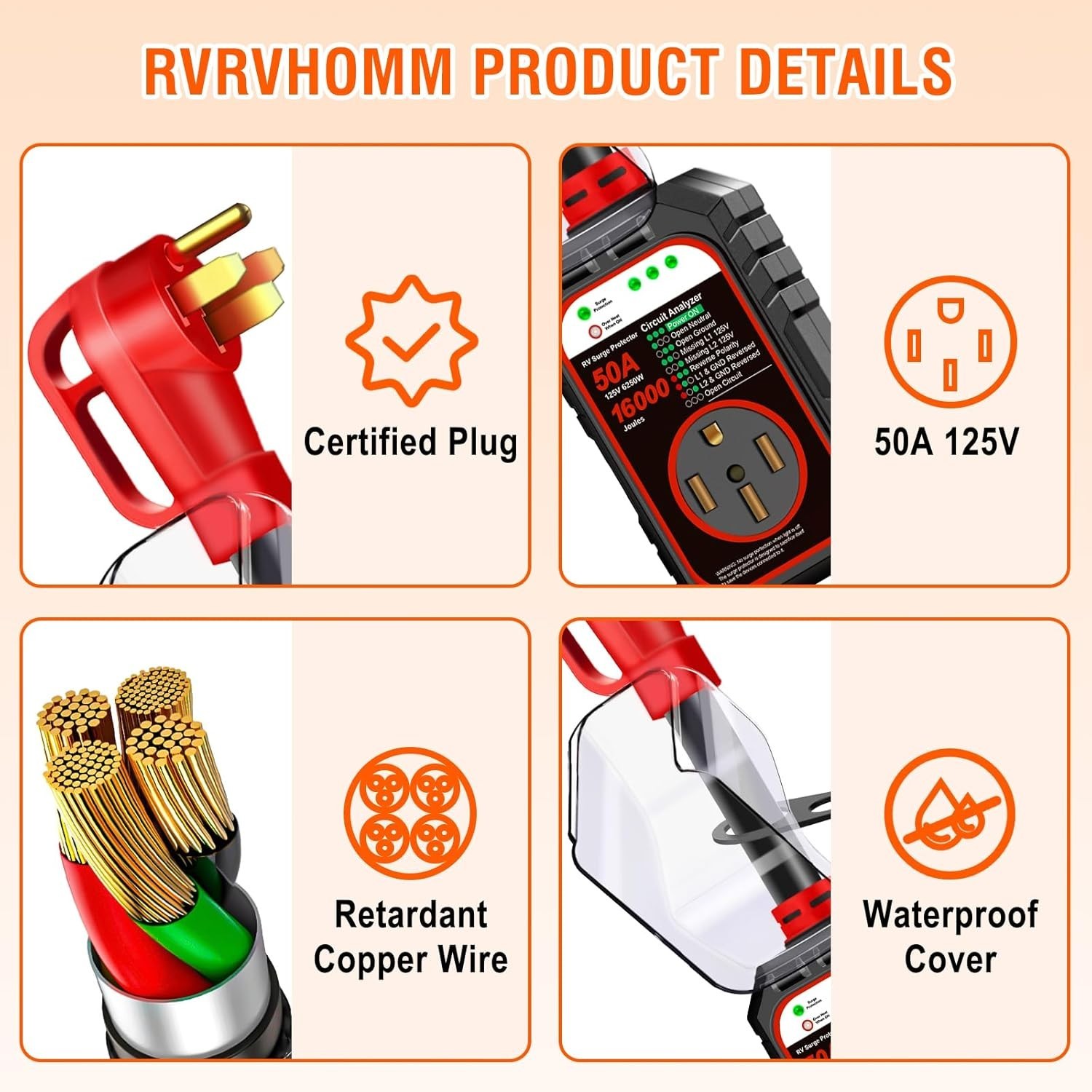 RVRV1002 RV Surge Protector Red 50A Upgraded 16000J Flag Design IP68 Waterproof
