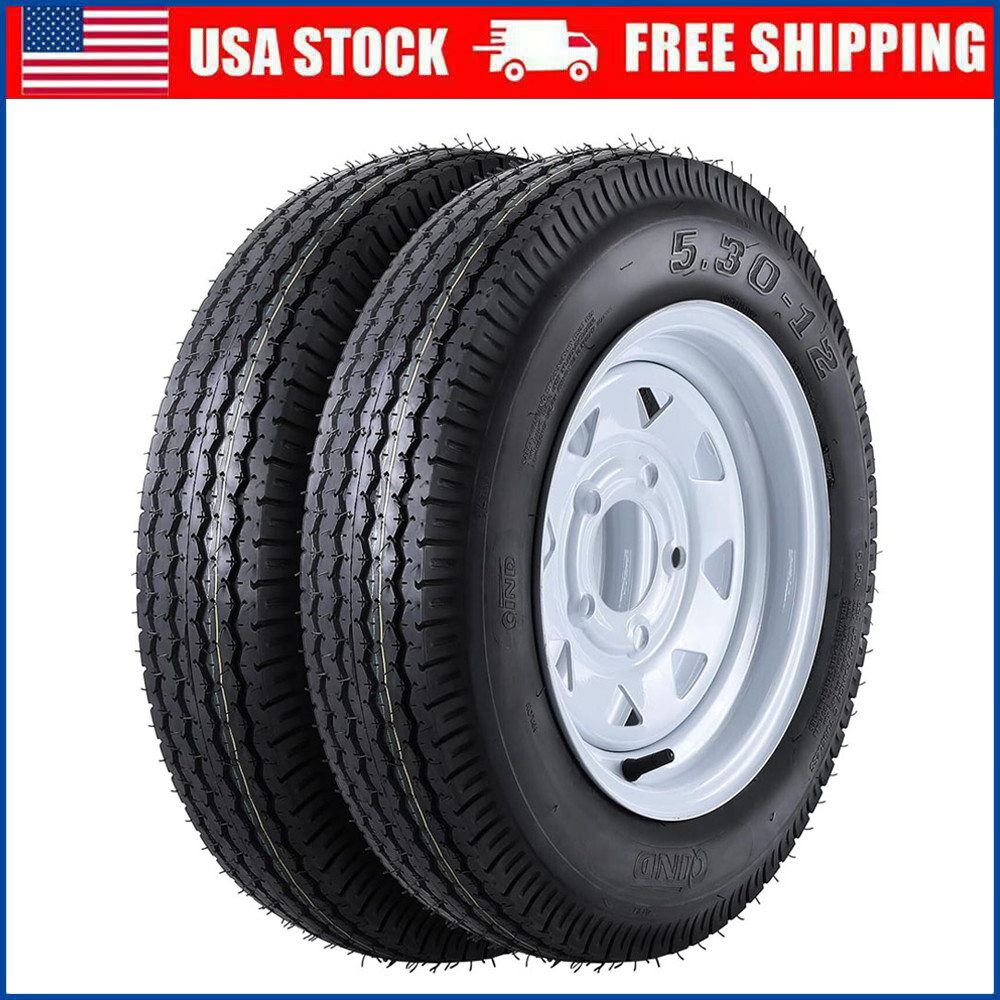 2 Pack 5.30-12 5.30×12 530-12 Trailer Tires with 12” Rims 5 Lug on 4.5″, 6PR
