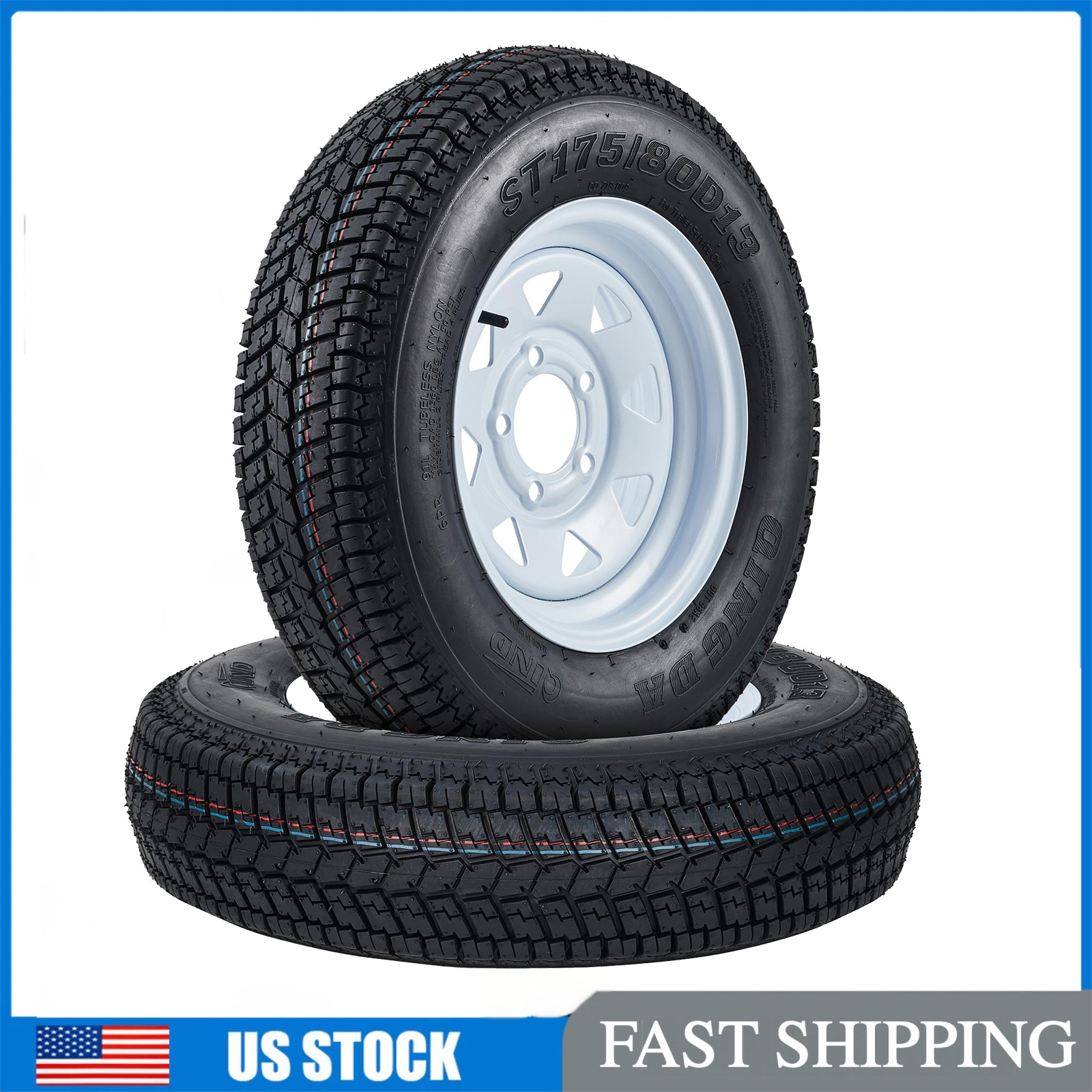 Pair 175 80 13 Trailer Tires W/13″ Rims Wheels 5 Lug on 4.5″ ST175/80D13 6PR