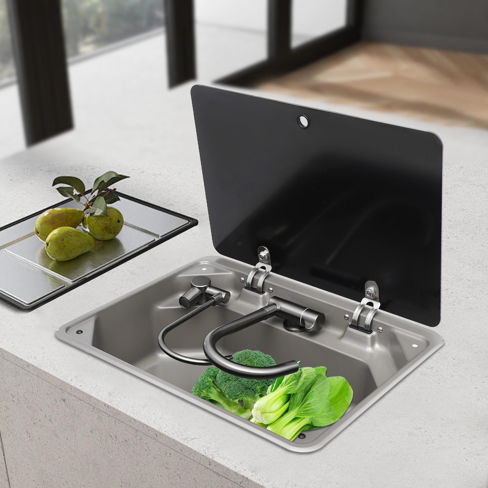RV Sink Kitchen Sink with Hot&Cold Faucet and Tempered Glass Lid Stainless Steel