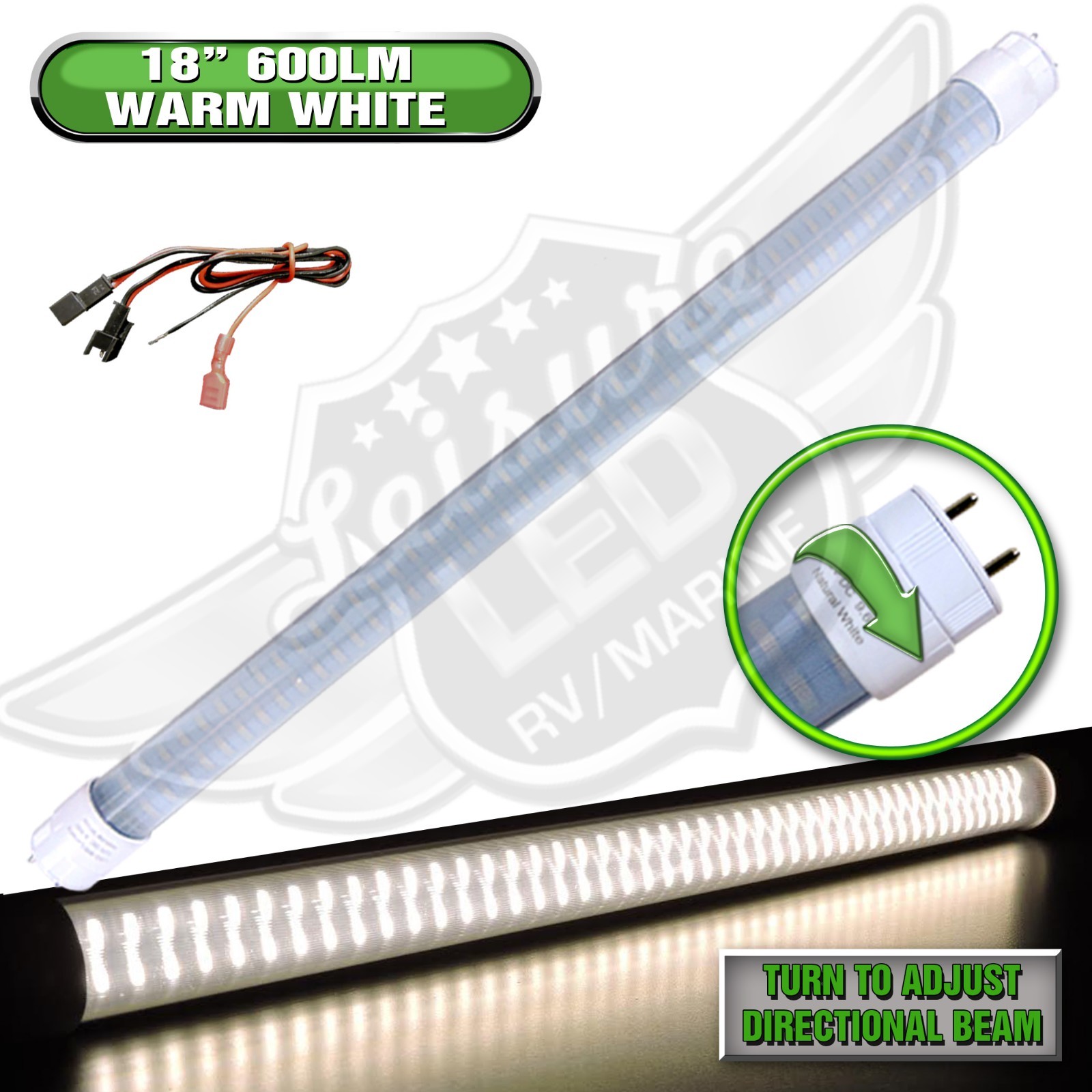 12V DC RV Marine F15T8 LED Tube Light 9W 18″(17-3/4″ pin to pin) Warm W 600 lm