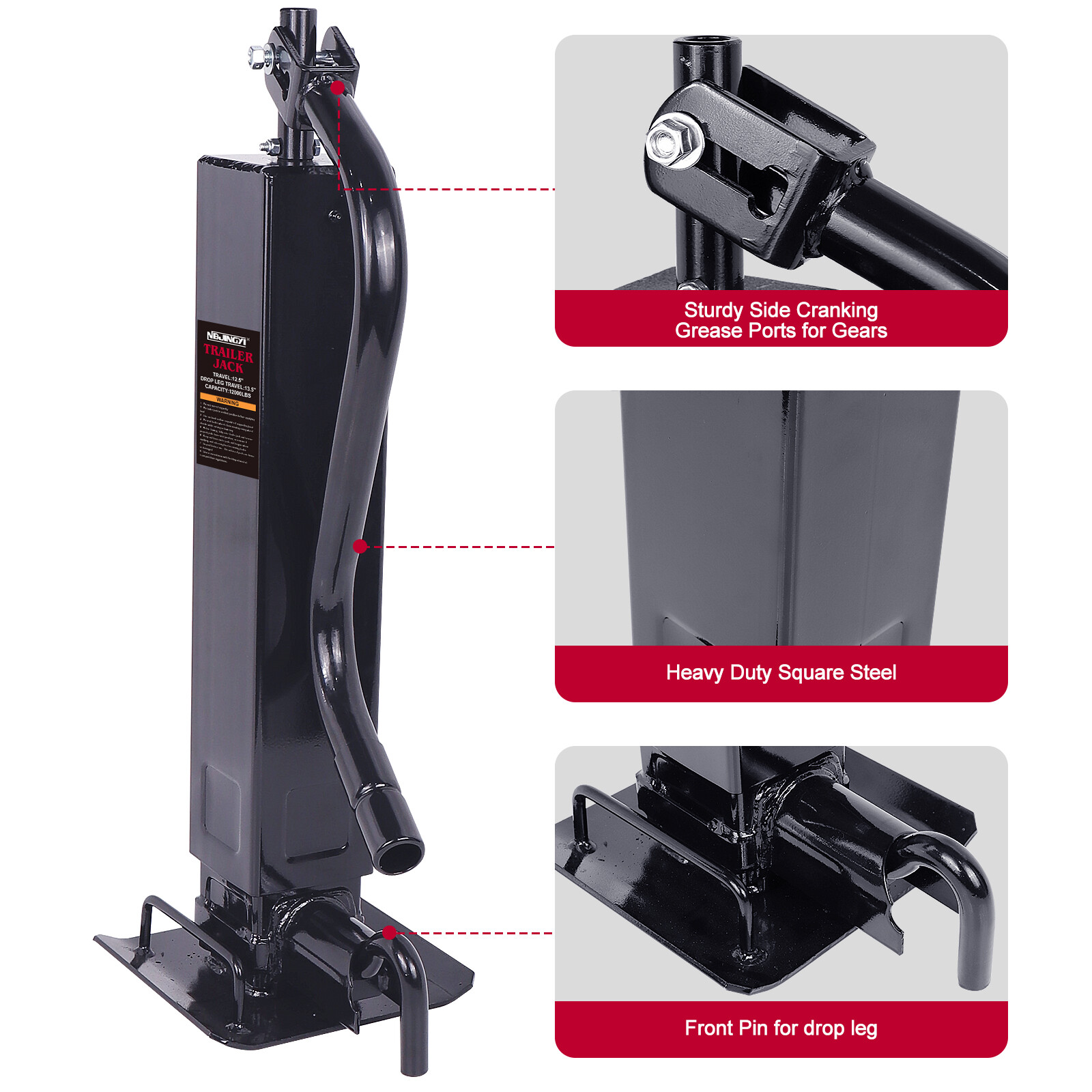 Weld Square Tube Trailer Jack,12000lbs Heavy Duty,12.5″ Lift 13.5″ Drop Leg
