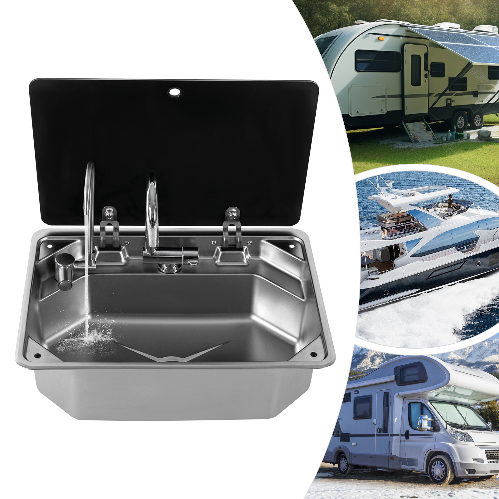 RV Sink Kitchen Sink with Hot&Cold Faucet and Tempered Glass Lid Stainless Steel