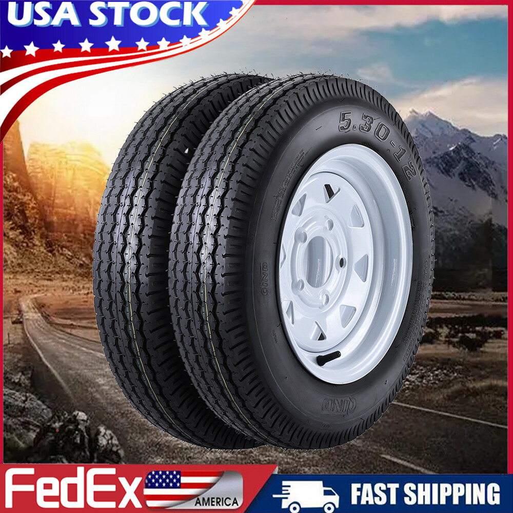2Set 5.30-12 Trailer Tires with Rims 5.30×12 5.3-12 530-12, 5 Lug on 4.5″, 6PR