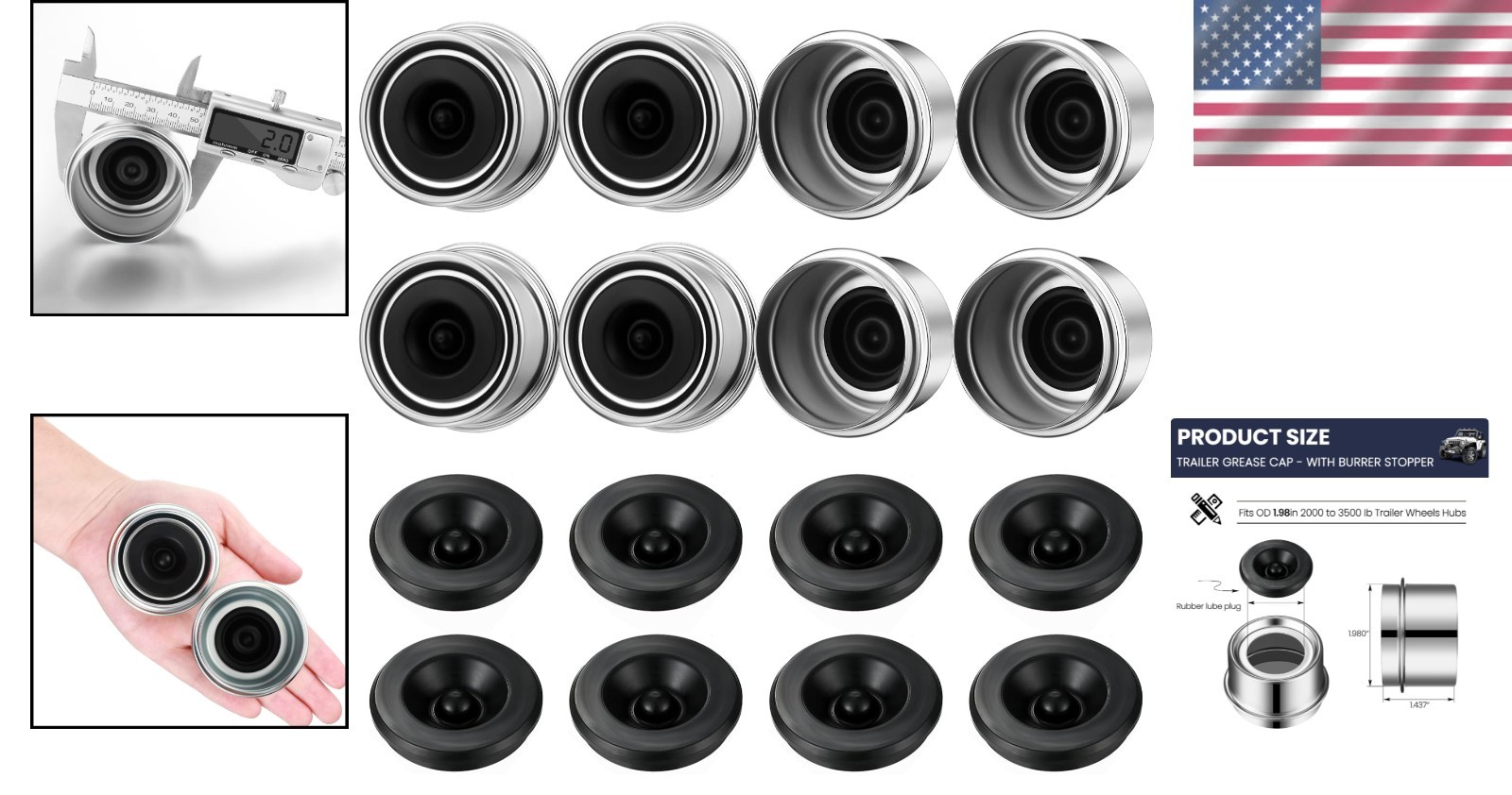 1.98 Inch Snap-On Trailer Grease Caps – 8 Durable Covers with Rubber Plugs