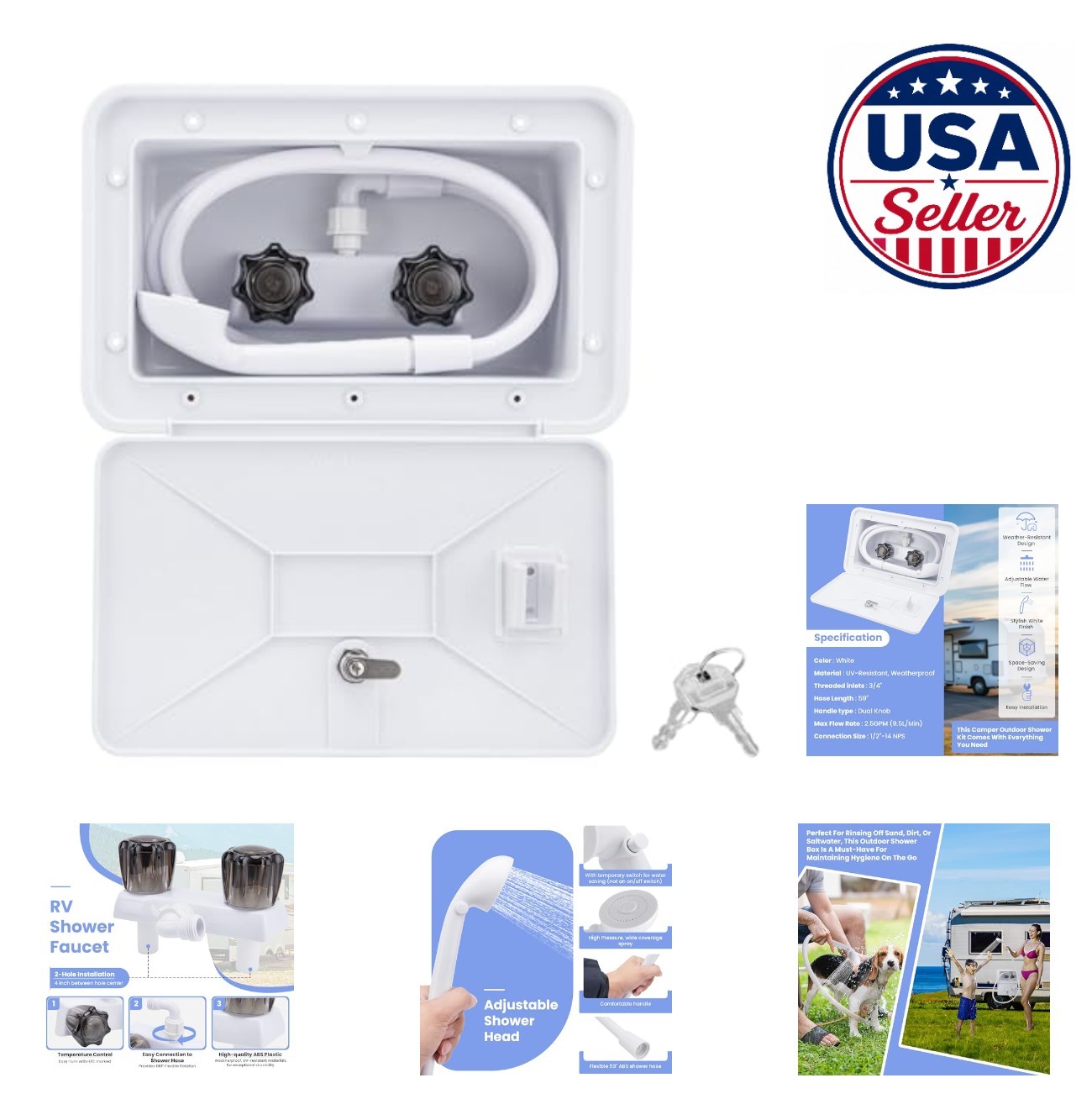 Rv Outdoor Shower Camper Exterior Faucet Box Kit White Wall Mount 59 Inch Hose