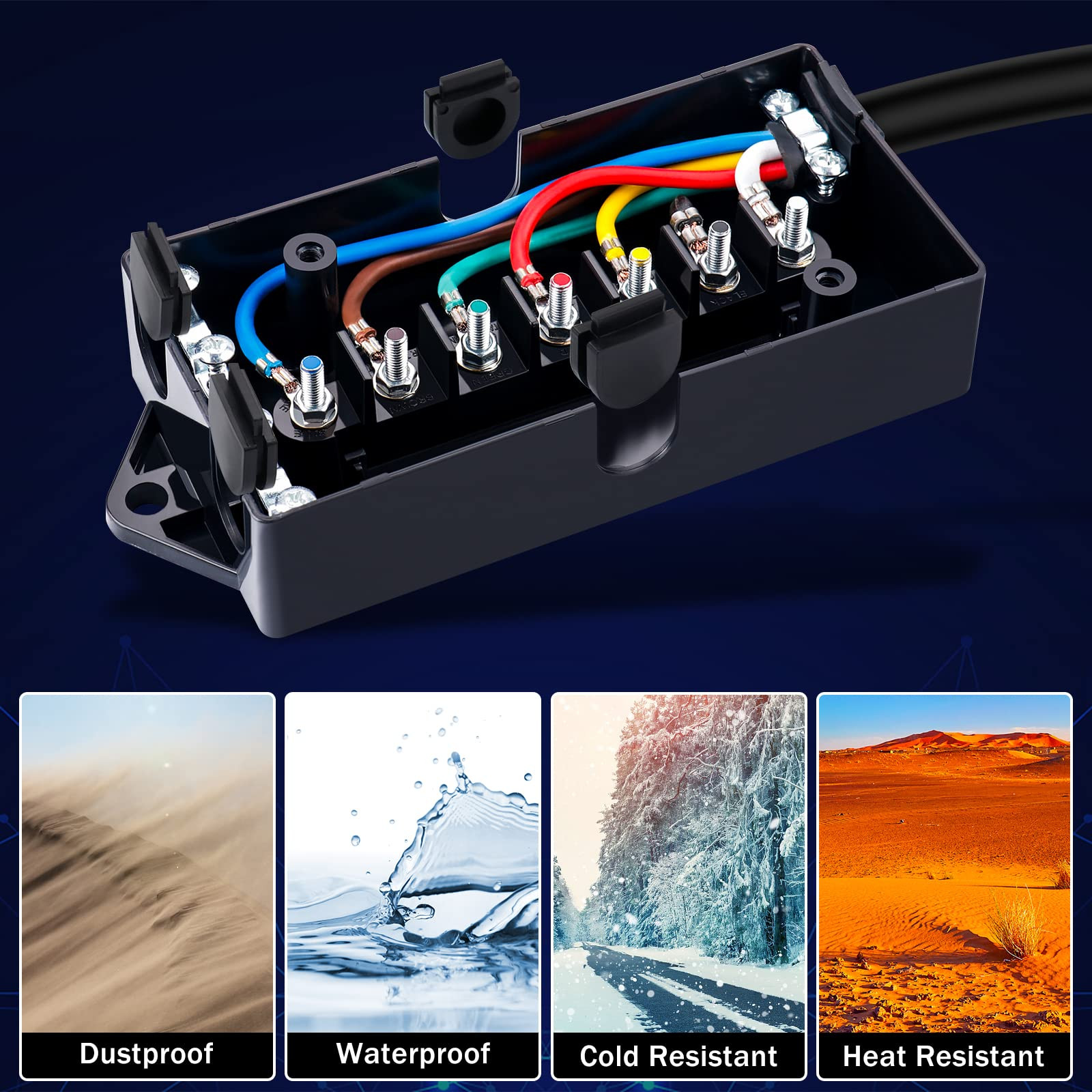 7 Way Trailer Cord and 7 Gang Junction Box Kit with 12V Breakaway Switch