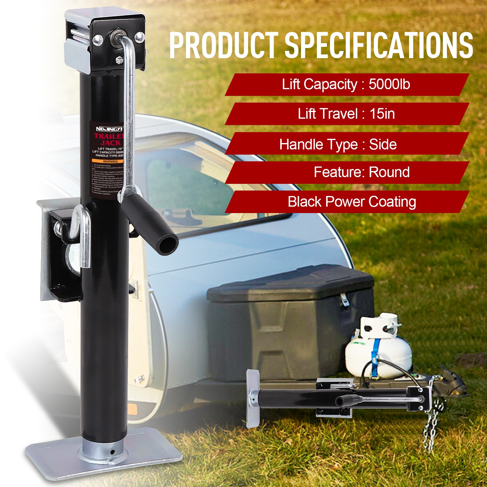 5000 lbs Capacity Adjustable Trailer Jack Weld-on Pipe Mount Swivel 15″ Travel