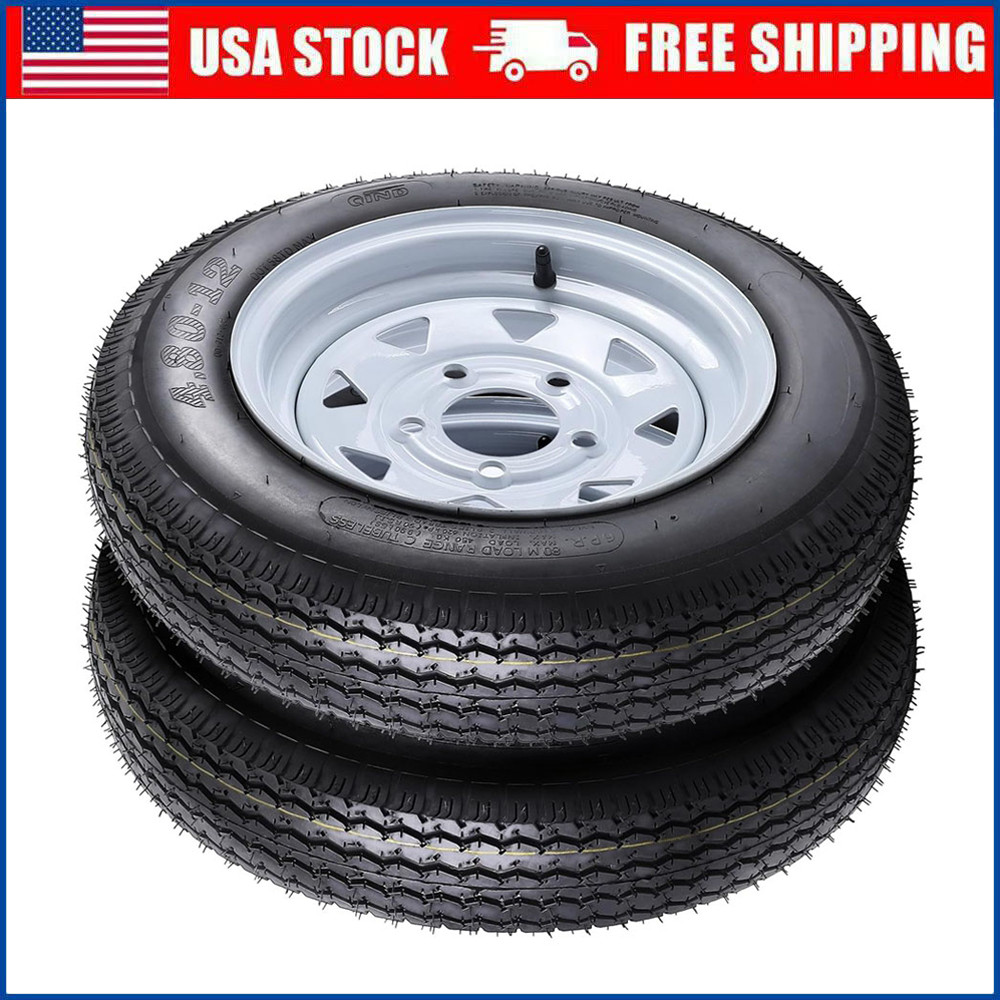 2pcs 4.80-12 4.80×12 4.8-12 Trailer Tires with Rims 5 Lug on 4.5″ White Wheels