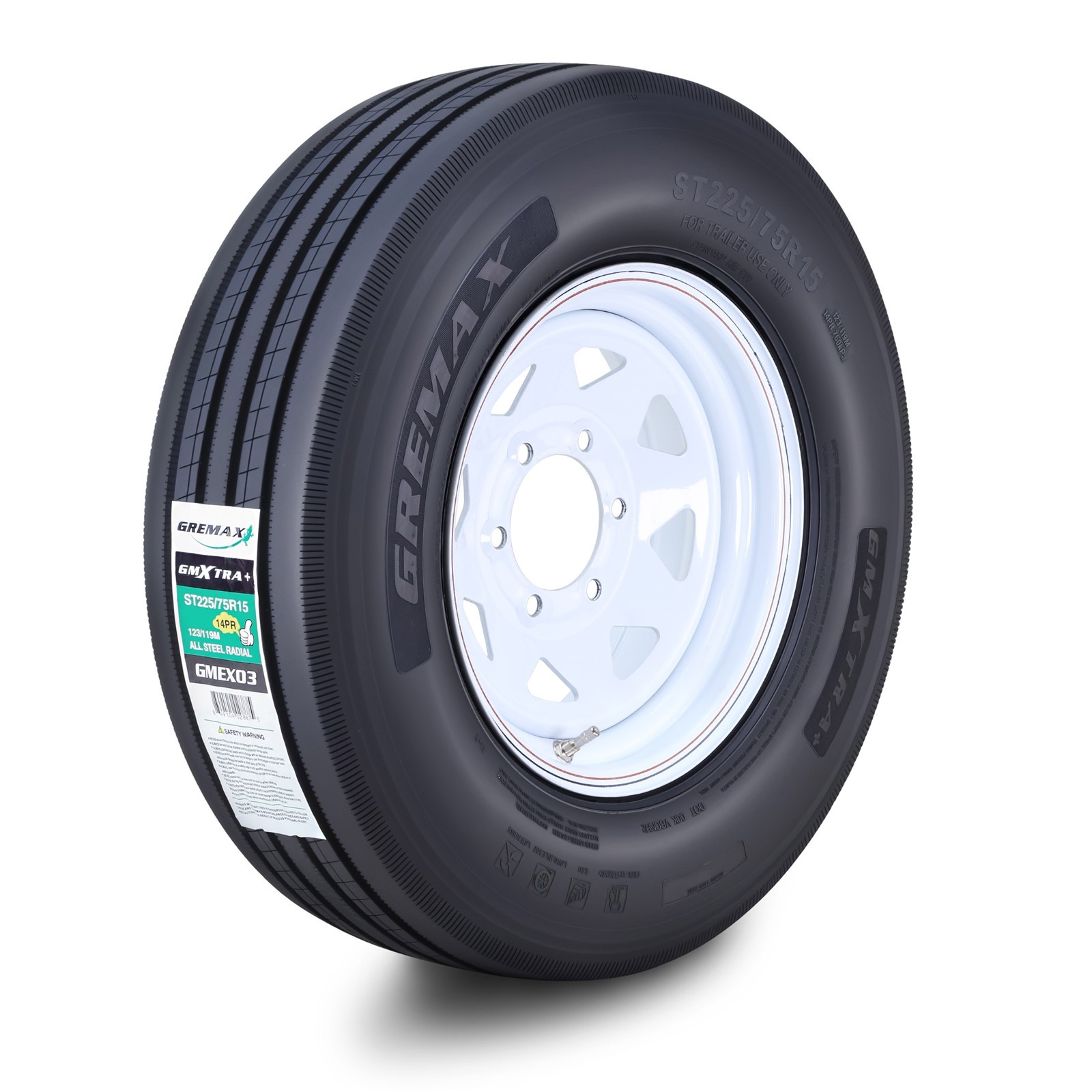 GREMAX All Steel Trailer Tire Wheel ST225/75R15 14-Ply G 130M 6×5.5″ White Spoke